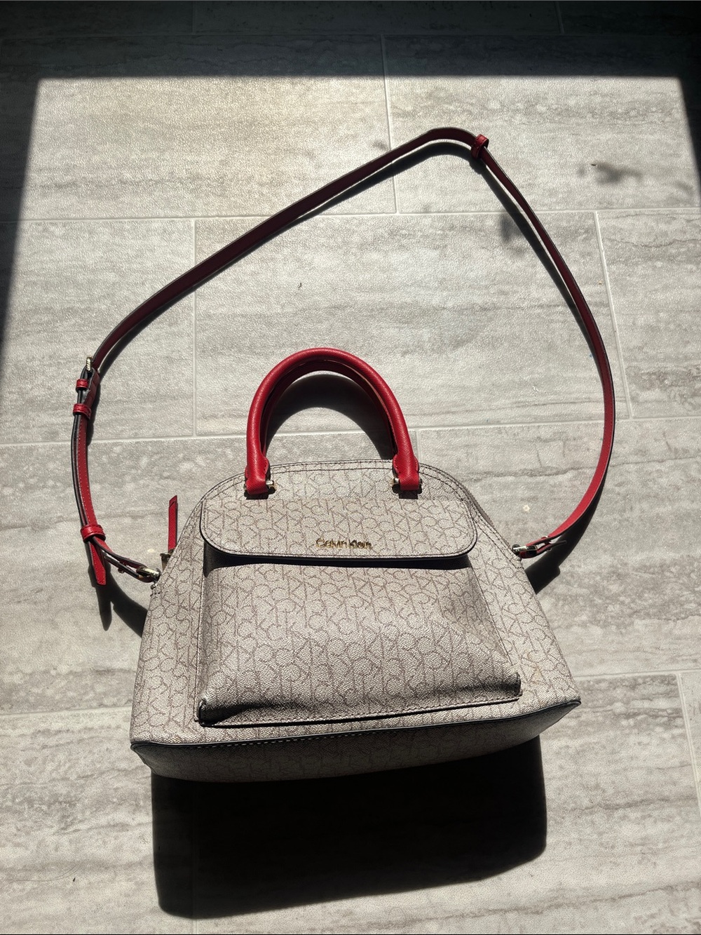 Calvin Klein Beige Monogram Satchel with Red Handles